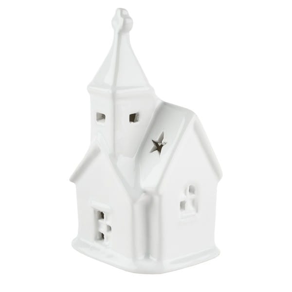 LED-Kirche, Porzellan, weiß, 12,5cm x 7cm x 5,2cm, 1 LED-Lämpchen warmweiß, inkl. 2 Knopfzellen