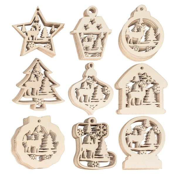 Holz-Deko, Winterszenen, 9 versch. Designs, je 7 Stück, flach, 1,7mm stark, natur, 63 Teile
