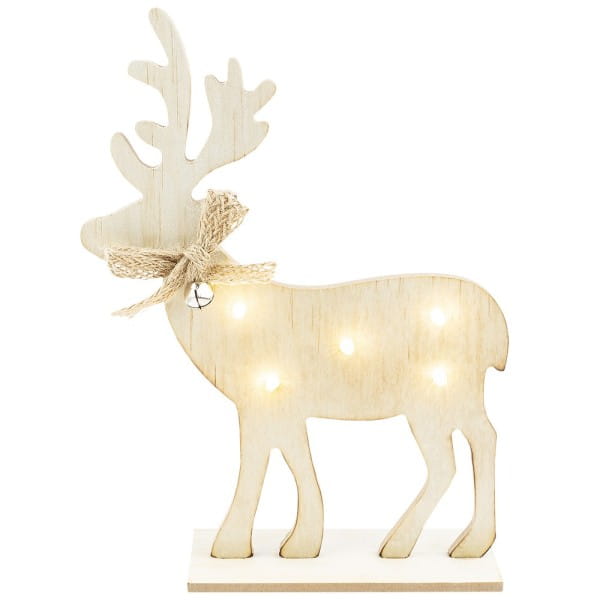 LED-Rentier, Holz, Rentier: 23cm x 17cm x 0,5cm, mit Fuß, 5 LEDs, warmweiß