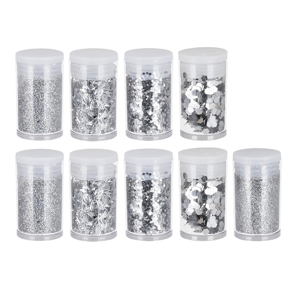 Deko-Glitzer Vielfalt, 9 Dosen mit je 2g, 5 Variationen, silber | Glimmer | Strass & Streu-Deko | Deko- & Geschenkartikel