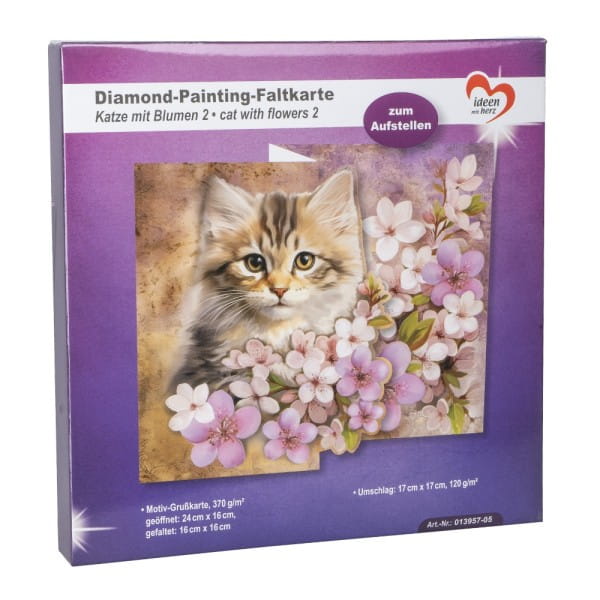 Diamond-Painting-Faltkarte zum Aufstellen, Katze mit Blumen 2, 370g/m², inkl. Umschlag & Werkzeug
