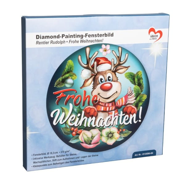 Diamond-Painting-Fensterbild, Rentier Rudolph - Frohe Weihnachten!, Ø18,3cm, inkl. Zubehör
