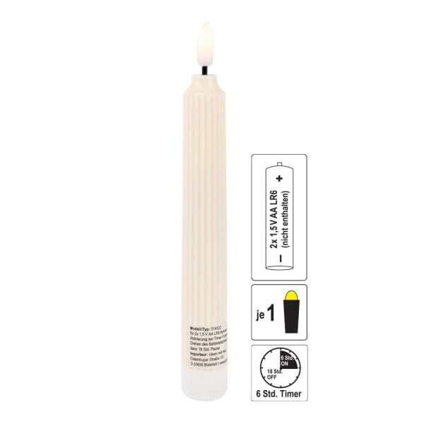 LED-Stabkerzen, creme, Ø2cm, 19cm hoch, LED in warmweiß, mit Flacker-Effekt und Timer, 2 Stück