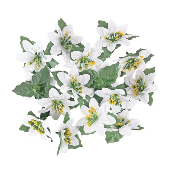 Deko-Blüten Weihnachtsstern 1, Ø 8cm, weiß mit grünen Blättern, 15 Stück