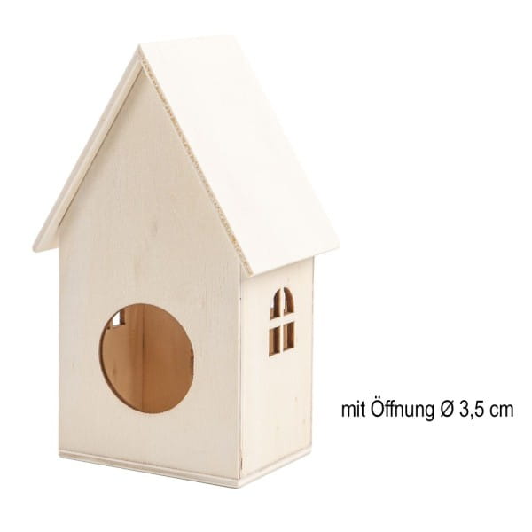 Häuser aus Holz, Sortierung 3, 4 verschiedene Größen und Designs, mit Öffnung, 4 Stück