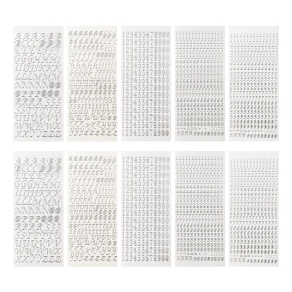 Sticker, Buchstaben und Zahlen, Perlmutt- und Spiegelfolie, versch. Designs, silber, 10 Bogen