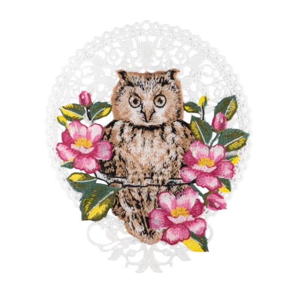 Stick-Design XL, Eule mit Wildrose, 22cm x 19,3cm, farbig, mit Aufhänge-Öse