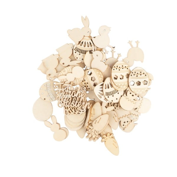 Streu-Deko, Holz, Frohe Ostern, 9 versch. Designs, je 6 Stück, 54-teilig