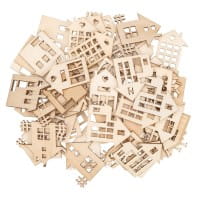 Streu-Deko, Holz, Häuser 2, 9 versch. Designs, je 7 Stück, 1,6mm stark, natur, 63 Teile