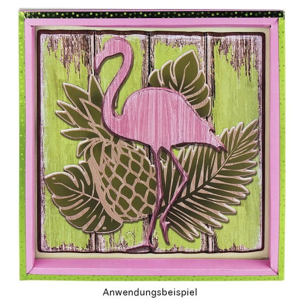 Relief-Sticker in Holz-Optik, Flamingo auf Holzpaneelen, 18 cm x 17,5 cm