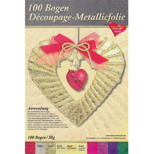 Decoupage-Metallicfolie, DIN A4, 10 Designs, 100 Bogen