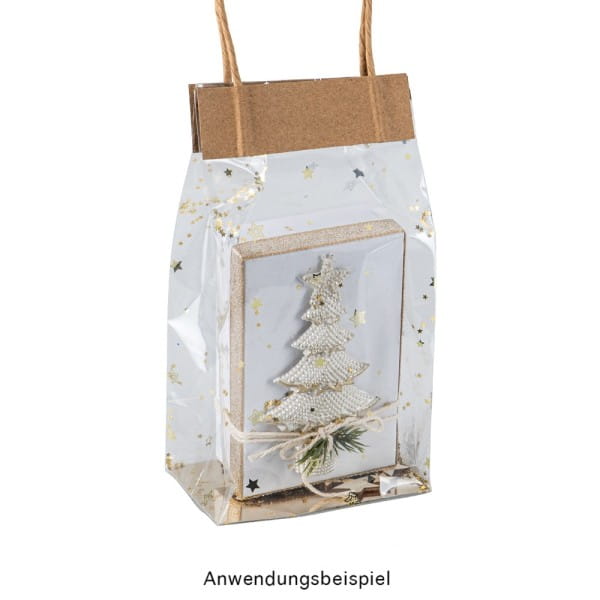 Blockbodenbeutel, Sterne, 12cm x 8cm, 25cm hoch, goldener Foliendruck & Einlegeboden, 30 Stück