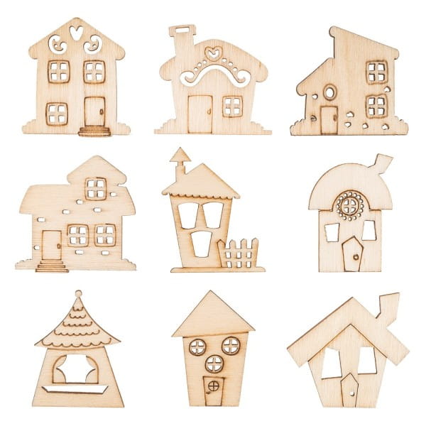 Streu-Deko, Holz, Wichtel-Häuser, 9 versch. Designs, je 7 Stück, 1,6mm stark, natur, 63 Teile