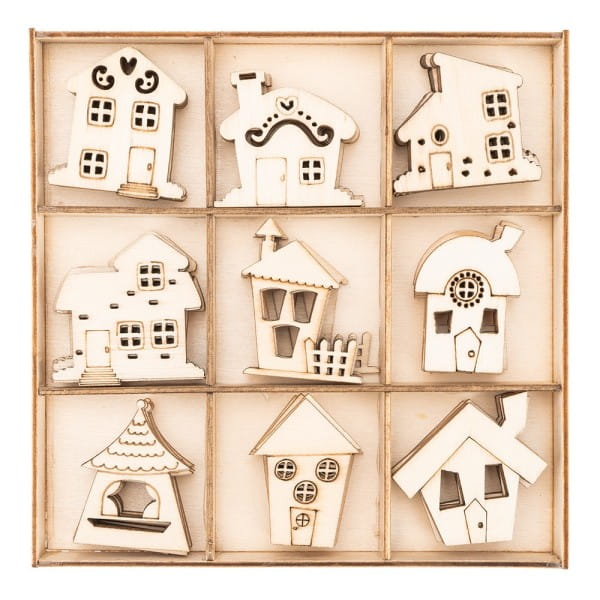 Streu-Deko, Holz, Wichtel-Häuser, 9 versch. Designs, je 7 Stück, 1,6mm stark, natur, 63 Teile