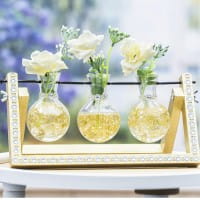 Glas-Vasen im Holzständer, 3 Glas-Vasen: Ø 6,5cm, 10cm hoch, Holzständer: 27cm breit