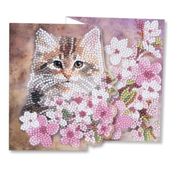 Diamond-Painting-Faltkarte zum Aufstellen, Katze mit Blumen 2, 370g/m², inkl. Umschlag & Werkzeug
