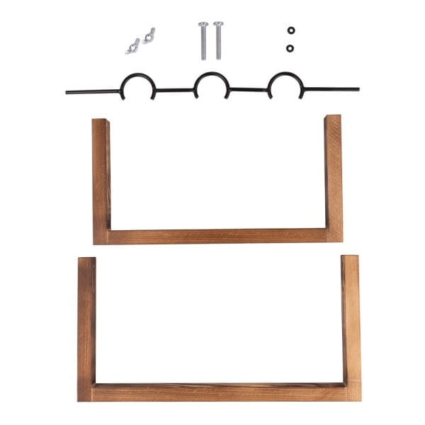 Glas-Vasen im Holzständer, 3 Glas-Vasen: Ø 6,5cm, 10cm hoch, Holzständer: 27cm breit