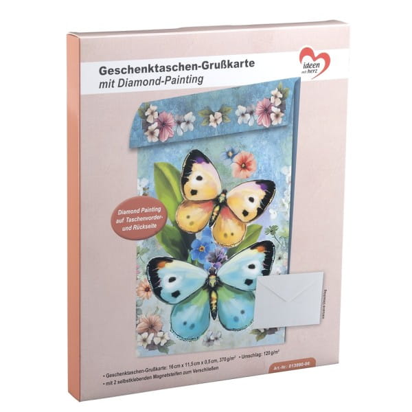 Geschenktaschen-Grußkarte mit Diamond Painting, Schmetterlinge, 16,5cm hoch, inkl. Zubehör