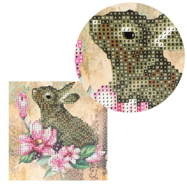 Diamond-Painting-Grußkarte, Hase & Blumen 1, 16cm x 16cm, inkl. Zubehör