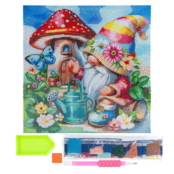 Diamond-Painting-Bild auf Keilrahmen, Wichtel mit Pilzhaus, 30cm x 30cm, inkl. Werkzeug