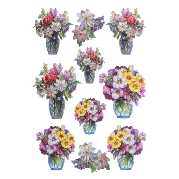 3-D Relief-Sticker, Blumen in Glasvasen 5, Folienveredelung Hellgold, versch. Größen, selbstklebend
