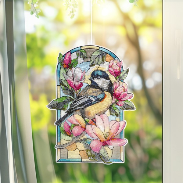 Diamond-Painting-Fensterbild, Glaskunst-Optik XL, Kohlmeise mit Magnolien, 26,8cm x 35,6cm, 500µ