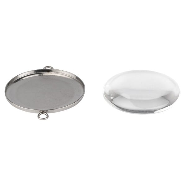 Schmuckanhänger & Cabochons, rund, mit 2 Ösen, Ø27mm, mit passendem Cabochons, Ø25mm, klar, 5 Stück
