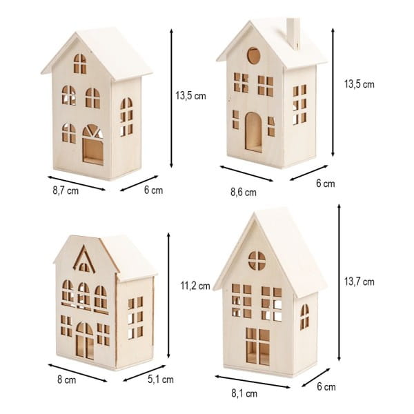 Häuser aus Holz, Sortierung 3, 4 verschiedene Größen und Designs, mit Öffnung, 4 Stück