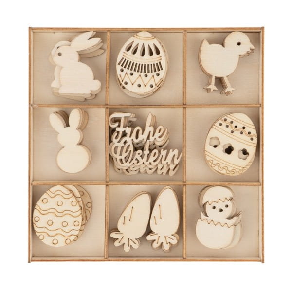 Streu-Deko, Holz, Frohe Ostern, 9 versch. Designs, je 6 Stück, 54-teilig