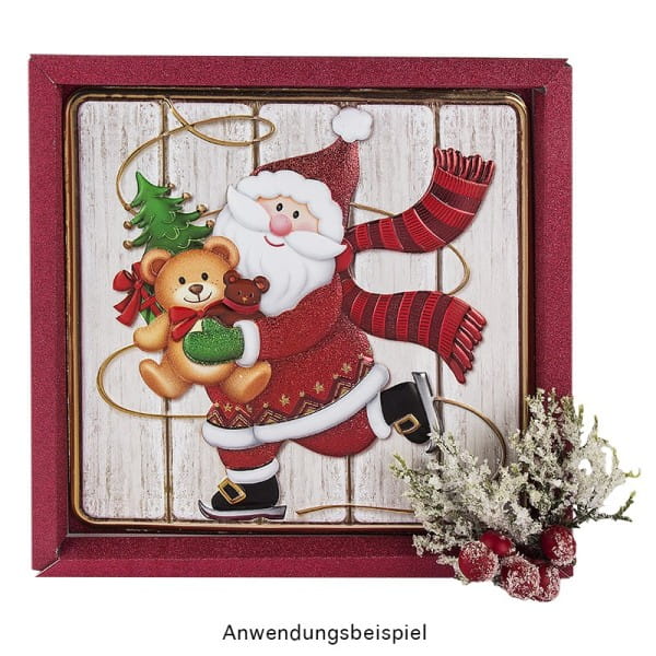 Relief-Sticker, Weihnachtsmann auf Holzpaneelen, Holz-& Metallic-Optik, 18cm x 17,5cm