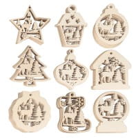 Holz-Deko, Winterszenen, 9 versch. Designs, je 7 Stück, flach, 1,7mm stark, natur, 63 Teile