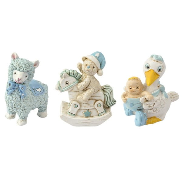 Deko-Figuren, zur Geburt, hellblau, Teddy & Schaukelpferd, Lama, Storch, 3 Stück